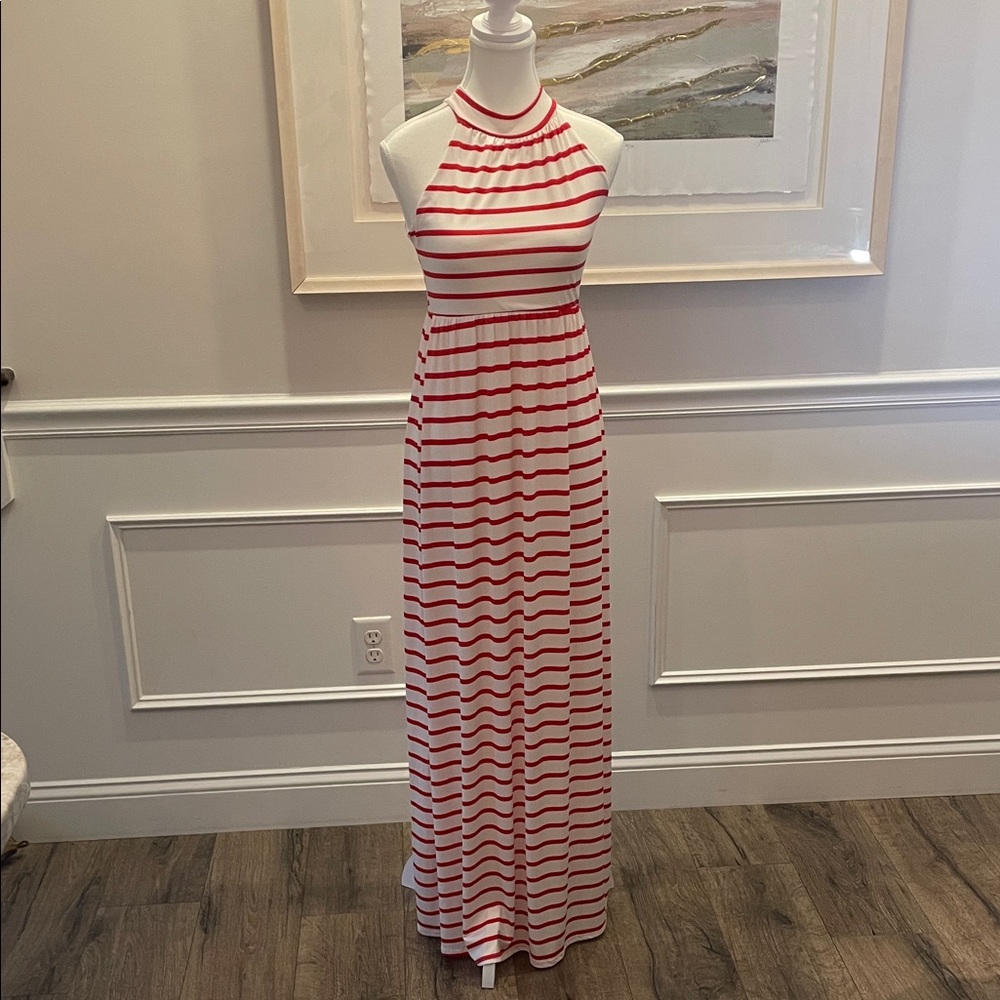Beeson River Sm Red and White Striped Maxi Dress Smooth Stretchy